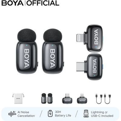 BOYA Microfono Lavalier Wireless Mini 2 per iPhone con connessione Type-C senza custodia, cancellazione del rumore AI per vlogging, streaming live, interviste e registrazioni BOYA Microfono Lavalier Wireless Mini 2 per iPhone con connessione Type-C senza custodia, cancellazione del rumore AI per vlogging, streaming live, interviste e registrazioni
