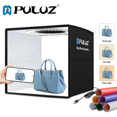 PULUZ Softbox con 3 Modalità di Luce, Lightbox Dimmerabile, Ring Light a LED, Tenda Fotografica per Studio, 6 Sfondi Colorati PULUZ Softbox con 3 Modalità di Luce, Lightbox Dimmerabile, Ring Light a LED, Tenda Fotografica per Studio, 6 Sfondi Colorati