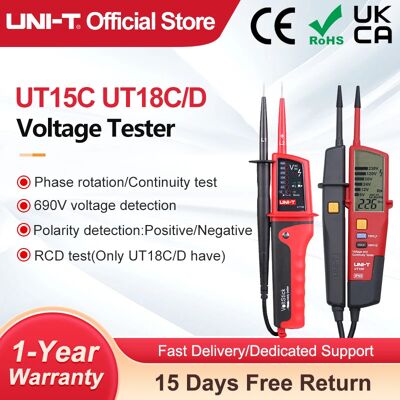UNI-T Tester di tensione UT18C UT18D UT15C Rilevatore di tensione di continuità della sequenza di fase Display LCD Gamma automatica Misuratore impermeabile IP65 UNI-T Tester di tensione UT18C UT18D UT15C Rilevatore di tensione di continuità della sequenza di fase Display LCD Gamma automatica Misuratore impermeabile IP65