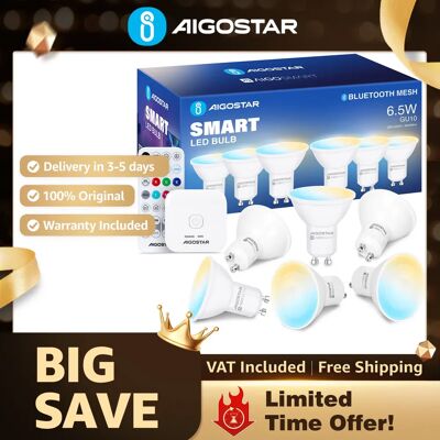 AIGOSTAR Lampadina LED Intelligente GU10, Confezione da 6 Bluetooth Mesh, regolabile caldo/freddo 6.5W 555Lm Con telecomando e gateway per Alexa/Google AIGOSTAR Lampadina LED Intelligente GU10, Confezione da 6 Bluetooth Mesh, regolabile caldo/freddo 6.5W 555Lm Con telecomando e gateway per Alexa/Google