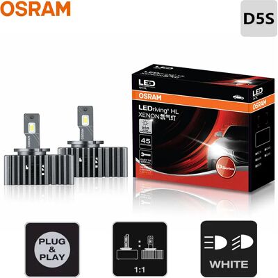 Osram Lampade LED D5S per Fari Auto, LEDriving XENON HID, 45W, 12/24V, 6000K Bianco, Canbus Originale, Sostituzione Lampadine Xenon D5S Osram Lampade LED D5S per Fari Auto, LEDriving XENON HID, 45W, 12/24V, 6000K Bianco, Canbus Originale, Sostituzione Lampadine Xenon D5S