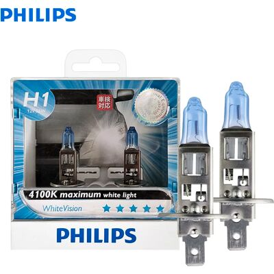 Philips WhiteVision H1 4100K Luce bianca 12V 55W + 40% luminoso Faro per auto Lampadine per auto originali Alogene Fascio alto e basso 12258WHVS2 Philips WhiteVision H1 4100K Luce bianca 12V 55W + 40% luminoso Faro per auto Lampadine per auto originali Alogene Fascio alto e basso 12258WHVS2