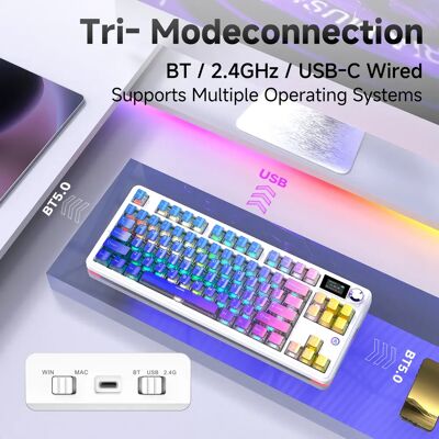 Ajazz Tastiera Tri-Mode MK87PRO, Batteria da 10000mAh, Sistema di Assorbimento del Suono a 5 Strati, Full Hot-Swap, Display TFT per Gaming Ajazz Tastiera Tri-Mode MK87PRO, Batteria da 10000mAh, Sistema di Assorbimento del Suono a 5 Strati, Full Hot-Swap, Display TFT per Gaming