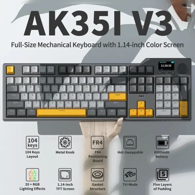 Ajazz Tastiera meccanica da gaming AK35I V3 MAX con batteria da 8000mAh, Tri-mode (cablata, Bluetooth, wireless), Hot-swappable, schermo a colori TFT Ajazz Tastiera meccanica da gaming AK35I V3 MAX con batteria da 8000mAh, Tri-mode (cablata, Bluetooth, wireless), Hot-swappable, schermo a colori TFT