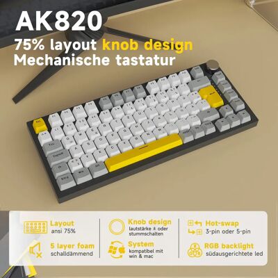 Ajazz Tastiera meccanica da gaming AK820 con tasti sostituibili a caldo e pulsanti di volume rotanti. Ajazz Tastiera meccanica da gaming AK820 con tasti sostituibili a caldo e pulsanti di volume rotanti.