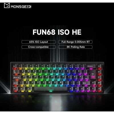 AKKO Tastiera Magnetica MonsGeek FUN68 HE ISO, Layout DE 65%, Tasti Trasparenti Neri, RT0.005mm, Frequenza di Aggiornamento 8K, Tastiera da Gaming AKKO Tastiera Magnetica MonsGeek FUN68 HE ISO, Layout DE 65%, Tasti Trasparenti Neri, RT0.005mm, Frequenza di Aggiornamento 8K, Tastiera da Gaming
