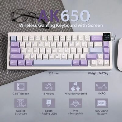 Ajazz Tastiera Meccanica Wireless AK650 a 3 Modalità, Layout 65%, RGB, Schermo, Manopola Volume, Batteria 5000mAh Ajazz Tastiera Meccanica Wireless AK650 a 3 Modalità, Layout 65%, RGB, Schermo, Manopola Volume, Batteria 5000mAh