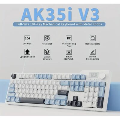 Ajazz Tastiera da ufficio cablata AK35I V3 Switch Haiyan, Altezza OEM, 104 Tasti Hot-Swap, Retroilluminazione Bianca, Manopola Volume, Piedini Regolabili, Multi-Dispositivo Ajazz Tastiera da ufficio cablata AK35I V3 Switch Haiyan, Altezza OEM, 104 Tasti Hot-Swap, Retroilluminazione Bianca, Manopola Volume, Piedini Regolabili, Multi-Dispositivo