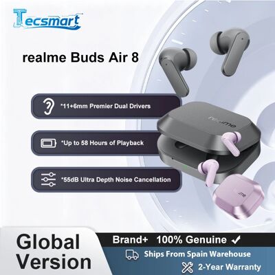 Realme Versione globale Buds Air 8 Auricolari Cancellazione del rumore ultra profonda a 55 dB Doppio driver Premier da 11+6 mm Design Master IP55 Realme Versione globale Buds Air 8 Auricolari Cancellazione del rumore ultra profonda a 55 dB Doppio driver Premier da 11+6 mm Design Master IP55