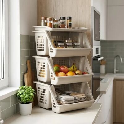 NONE Cesto portaoggetti impilabile a 3 livelli 62x32x39 cm, colori grigio/blu/bianco/beige, scaffale portaoggetti per cucina e bagno, organizer per giocattoli e snack NONE Cesto portaoggetti impilabile a 3 livelli 62x32x39 cm, colori grigio/blu/bianco/beige, scaffale portaoggetti per cucina e bagno, organizer per giocattoli e snack