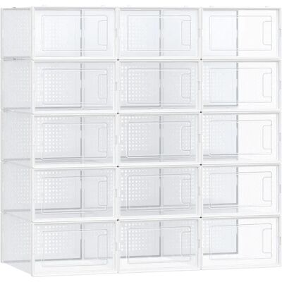 SONGMICS Scatole per scarpe in plastica, set di 15 organizzatori di stoccaggio, scatola per scarpe in plastica pieghevole e impilabile per scarpe da ginnastica fino alla taglia 44, trasparente e SONGMICS Scatole per scarpe in plastica, set di 15 organizzatori di stoccaggio, scatola per scarpe in plastica pieghevole e impilabile per scarpe da ginnastica fino alla taglia 44, trasparente e