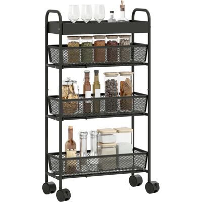HOMCOM Carrello portaoggetti a 4 ripiani, 3 cestini scorrevoli, carrello di servizio con ruote, cestino superiore e maniglia, per cucina HOMCOM Carrello portaoggetti a 4 ripiani, 3 cestini scorrevoli, carrello di servizio con ruote, cestino superiore e maniglia, per cucina