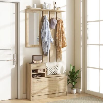 HOMCOM Set 3 in 1 di mobili da ingresso/guardaroba con appendiabiti, specchio e panca per scarpe - 6 ganci e ripiano regolabile, effetto legno naturale HOMCOM Set 3 in 1 di mobili da ingresso/guardaroba con appendiabiti, specchio e panca per scarpe - 6 ganci e ripiano regolabile, effetto legno naturale