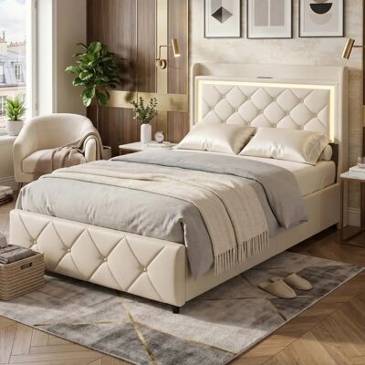 ADFBL Letto singolo 90x200 in velluto beige, testiera con ripiano portaoggetti e LED RGB integrati, letto con cassetto, rete a doghe, design moderno di lusso, per cameretta bambini o adulti ADFBL Letto singolo 90x200 in velluto beige, testiera con ripiano portaoggetti e LED RGB integrati, letto con cassetto, rete a doghe, design moderno di lusso, per cameretta bambini o adulti