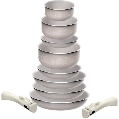 SAN IGNACIO Set di 8 pezzi: 5 padelle Ø18Ø20Ø24cm (x2) Ø28cm e 3 pentole Ø16Ø18Ø20cm in alluminio pressofuso con rivestimento ILAG e 3 manici rimovibili. SAN IGNACIO Set di 8 pezzi: 5 padelle Ø18Ø20Ø24cm (x2) Ø28cm e 3 pentole Ø16Ø18Ø20cm in alluminio pressofuso con rivestimento ILAG e 3 manici rimovibili.