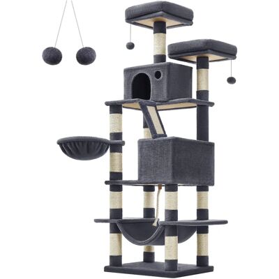 FEANDREA Albero per gatti , L, Torre per gatti alta 168 cm con 13 pali, 2 piattaforme, 2 grotte, cestino, amaca, pompon, tiragraffi multilivello per gatti di taglia grande, grigio FEANDREA Albero per gatti , L, Torre per gatti alta 168 cm con 13 pali, 2 piattaforme, 2 grotte, cestino, amaca, pompon, tiragraffi multilivello per gatti di taglia grande, grigio