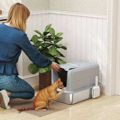 PawHut Lettiera per gatti in acciaio inox con coperchio, lettiera con vaschetta, paletta integrata. PawHut Lettiera per gatti in acciaio inox con coperchio, lettiera con vaschetta, paletta integrata.