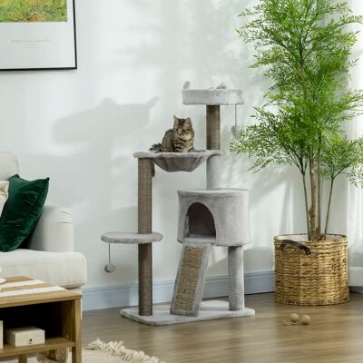 PawHut Tiragraffi 113 cm con grotta per gatti, colore grigio chiaro PawHut Tiragraffi 113 cm con grotta per gatti, colore grigio chiaro
