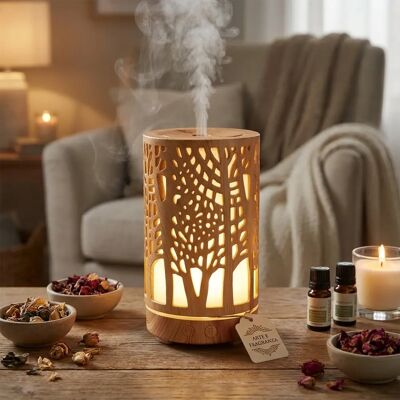 NONE Diffusore di aromi ad ultrasuoni finitura legno con incisione foresta, telecomando, luce LED 7 colori, capacità 200ml timer automatico NONE Diffusore di aromi ad ultrasuoni finitura legno con incisione foresta, telecomando, luce LED 7 colori, capacità 200ml timer automatico