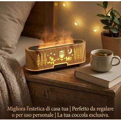 NONE Diffusore di aromi ultrasuoni effetto fiamma finitura legno gufo RGB, telecomando, luce calda e fredda, capacità 200ml nebulizzazione intermittente timer 2h/4h NONE Diffusore di aromi ultrasuoni effetto fiamma finitura legno gufo RGB, telecomando, luce calda e fredda, capacità 200ml nebulizzazione intermittente timer 2h/4h