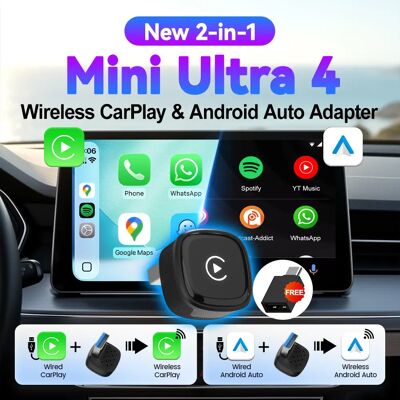 Carlinkit 5.0 Mini Ultra 4 Adattatore Wireless per CarPlay e Android Auto, Plug & Play, Connessione WiFi e Bluetooth Automatica, Aggiornamento OTA Carlinkit 5.0 Mini Ultra 4 Adattatore Wireless per CarPlay e Android Auto, Plug & Play, Connessione WiFi e Bluetooth Automatica, Aggiornamento OTA
