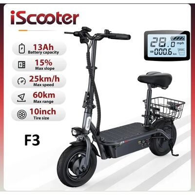 iScooter Monopattino Elettrico F3, Batteria Grande da 13Ah, Autonomia Massima di 60KM, Pneumatici da Strada Gonfiabili da 10'', Monopattino Elettrico Pieghevole con Sedile Rimovibile e Cestino per iScooter Monopattino Elettrico F3, Batteria Grande da 13Ah, Autonomia Massima di 60KM, Pneumatici da Strada Gonfiabili da 10'', Monopattino Elettrico Pieghevole con Sedile Rimovibile e Cestino per