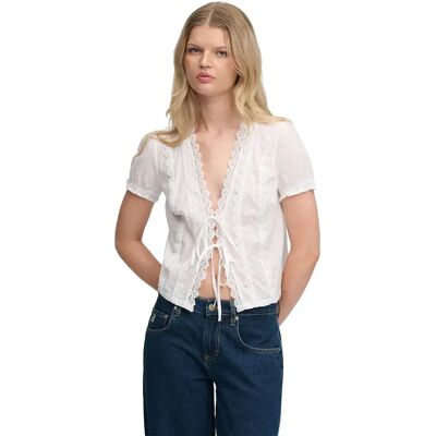 Superdry Blusa A Maniche Corte Lace Trim Tie Optic XS Superdry Blusa A Maniche Corte Lace Trim Tie Optic XS