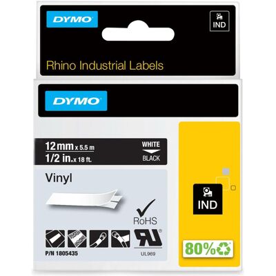 Dymo Nastro di marcatura, Rhino 12mm bianco su vinile nero (1.20 cm, Nero) Dymo Nastro di marcatura, Rhino 12mm bianco su vinile nero (1.20 cm, Nero)
