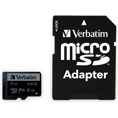 Verbatim Pro (64 GB, microSDXC, U3, UHS-I), Scheda di memoria, Nero Verbatim Pro (64 GB, microSDXC, U3, UHS-I), Scheda di memoria, Nero