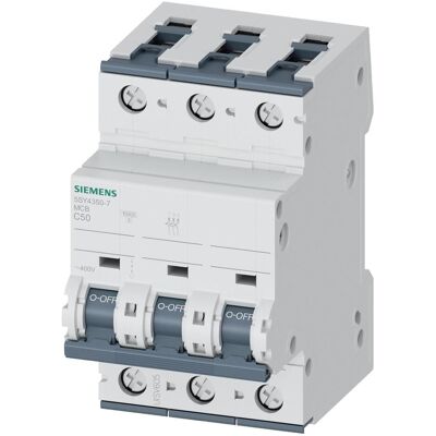 Interruttore Siemens Modello 5SY4350-7 - 50A 3P, Tipo C, Montaggio su guida DIN Interruttore Siemens Modello 5SY4350-7 - 50A 3P, Tipo C, Montaggio su guida DIN