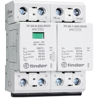 Finder 7P.02.8.260.1025 - Protezione da sovratensioni - Tipo 1/2, 230V, Morsetto DIN Finder 7P.02.8.260.1025 - Protezione da sovratensioni - Tipo 1/2, 230V, Morsetto DIN