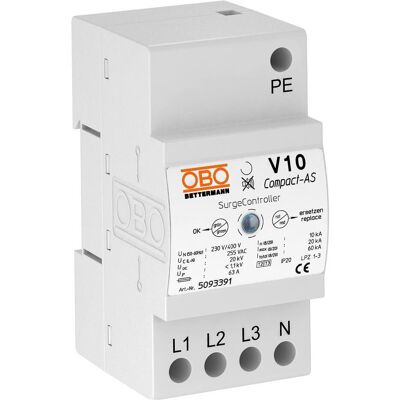 OBO Bettermann V10 CompactAS Protezione Sovratensioni - Tipo 2+3, 10kA, 255V, Segnale acustico OBO Bettermann V10 CompactAS Protezione Sovratensioni - Tipo 2+3, 10kA, 255V, Segnale acustico
