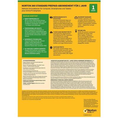 Symantec Norton 360 Standard - Backup cloud 10 GB, 1 dispositivo, 1 anno Symantec Norton 360 Standard - Backup cloud 10 GB, 1 dispositivo, 1 anno