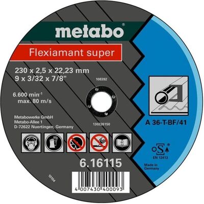 Disco di taglio Metabo A36-T - 115mm, 2mm di spessore, Confezione da 25 Disco di taglio Metabo A36-T - 115mm, 2mm di spessore, Confezione da 25