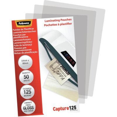 Fellowes Pouches di plastificazione, Caputre 125, 54x86mm (Formato della carta d'identità, 50 pz., 125 µm) Fellowes Pouches di plastificazione, Caputre 125, 54x86mm (Formato della carta d'identità, 50 pz., 125 µm)