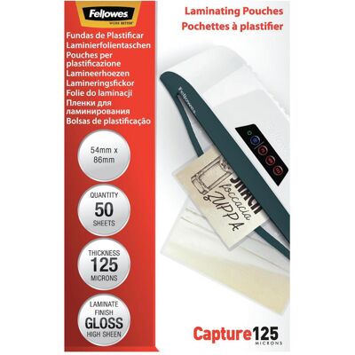 Fellowes Pouches di plastificazione, Caputre 125, 54x86mm (Formato della carta d'identità, 50 pz., 125 µm) Fellowes Pouches di plastificazione, Caputre 125, 54x86mm (Formato della carta d'identità, 50 pz., 125 µm)