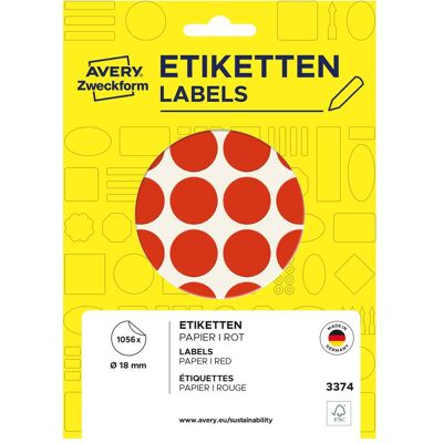 Avery Etichette, Punti di marcatura Zweckform, diametro 18 mm, rosso Contenuto: 1056 etichette Avery Etichette, Punti di marcatura Zweckform, diametro 18 mm, rosso Contenuto: 1056 etichette