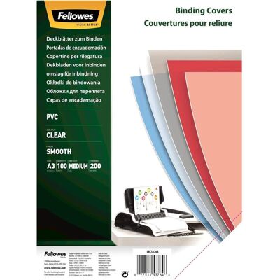 Fellowes Fogli di copertura in PVC (A3, 200 micron), Accessori per Rilegatrice, Trasparente Fellowes Fogli di copertura in PVC (A3, 200 micron), Accessori per Rilegatrice, Trasparente