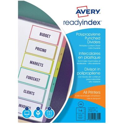 Avery Accessori per classificatore, Intercalaires Readyindex, PP, 6 tocchi, A4 polypropylène trasparente, tocchi couleur assorti Avery Accessori per classificatore, Intercalaires Readyindex, PP, 6 tocchi, A4 polypropylène trasparente, tocchi couleur assorti