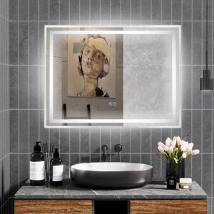 Costway Specchio da bagno LED 80x60cm con luce dimmabile a 3 colori interruttore touch, Specchio rettangolare da muro Costway Specchio da bagno LED 80x60cm con luce dimmabile a 3 colori interruttore touch, Specchio rettangolare da muro
