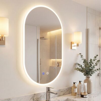 Costway Specchio illuminato da parete per bagno infrangibile con anti-appannamento e luce dimmerabile a 3 tonalità, Specchio in vetro temperato 90x55 cm Costway Specchio illuminato da parete per bagno infrangibile con anti-appannamento e luce dimmerabile a 3 tonalità, Specchio in vetro temperato 90x55 cm