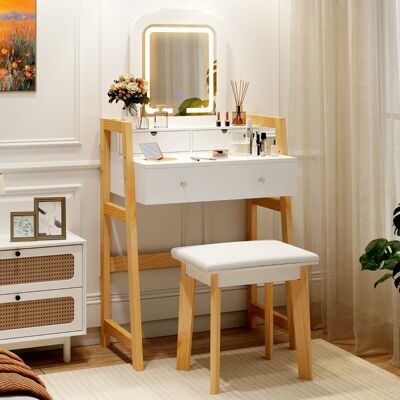 Costway Tavolo da trucco con luci LED a 3 colori gambe in legno di pino e altezza regolabile, Set da toeletta con specchio illuminato Bianco Costway Tavolo da trucco con luci LED a 3 colori gambe in legno di pino e altezza regolabile, Set da toeletta con specchio illuminato Bianco