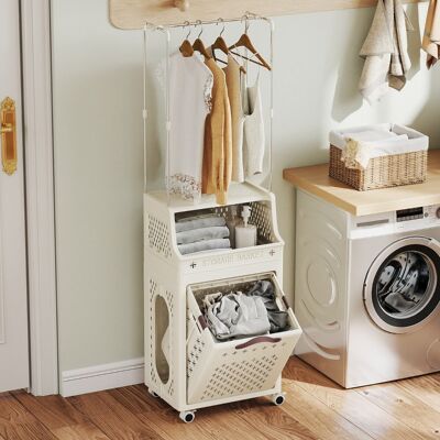Costway Cesto portabiancheria con ruote mentre plastica multistrato, Cesto portabiancheria con ruote ganci e contenitore Beige Costway Cesto portabiancheria con ruote mentre plastica multistrato, Cesto portabiancheria con ruote ganci e contenitore Beige