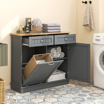 Costway Mobile per pattumiera ribaltabile da cucina, Mobile con vano per pattumiera piano in legno di gomma 2 cassetti Grigio Costway Mobile per pattumiera ribaltabile da cucina, Mobile con vano per pattumiera piano in legno di gomma 2 cassetti Grigio