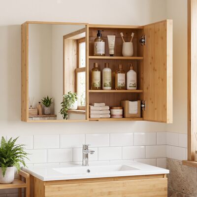 Costway Armadietto a specchio da bagno con 2 ante specchio e 2 ripiani regolabili, Mobile bagno da parete in bambù 65 x 14 x 50,5 cm Costway Armadietto a specchio da bagno con 2 ante specchio e 2 ripiani regolabili, Mobile bagno da parete in bambù 65 x 14 x 50,5 cm