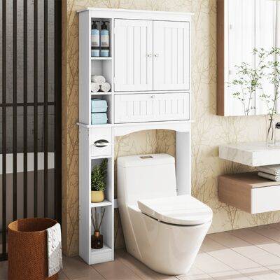 Costway Mobiletto sopra wc con 2 ante e ripiano regolabile e barra inferiore, Organizzatore salvaspazio per bagno e lavanderia Bianco Costway Mobiletto sopra wc con 2 ante e ripiano regolabile e barra inferiore, Organizzatore salvaspazio per bagno e lavanderia Bianco
