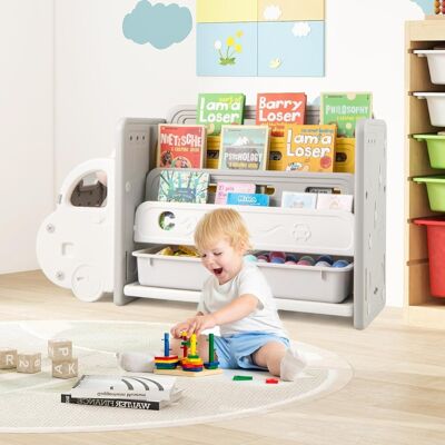 Costway Scaffale per giocattoli e libri per bambini, Libreria a tema auto con 3 ripiani 2 scatole e ruote decorative Beige e Grigio Costway Scaffale per giocattoli e libri per bambini, Libreria a tema auto con 3 ripiani 2 scatole e ruote decorative Beige e Grigio