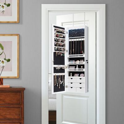 Costway Armadio Portagioie con specchio e 6 cassetti in legno Armadietto Portagioielli da porta con 5 luci LED 36,5x11,5x120cm Bianco Costway Armadio Portagioie con specchio e 6 cassetti in legno Armadietto Portagioielli da porta con 5 luci LED 36,5x11,5x120cm Bianco