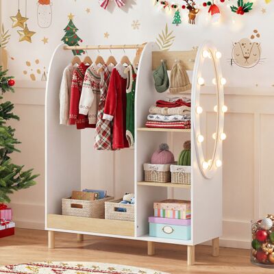 Costway Armadio per travestimenti bambini con specchio e luci, Guardaroba aperto con ripiani e ganci per cameretta 91x28x110 cm Costway Armadio per travestimenti bambini con specchio e luci, Guardaroba aperto con ripiani e ganci per cameretta 91x28x110 cm