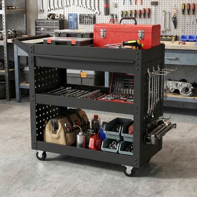 Costway Carrello portautensili 3 ripiani ruote organizzatore meccanico metallo cassetto grande, Carrello 2 pannelli forati 8 ganci servizio garage officina Costway Carrello portautensili 3 ripiani ruote organizzatore meccanico metallo cassetto grande, Carrello 2 pannelli forati 8 ganci servizio garage officina